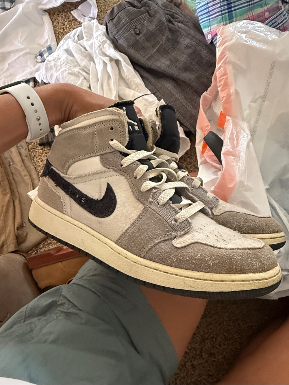 Nike Air Jordan 1 Mid Suede Sneakers in Gray, Black and Cream